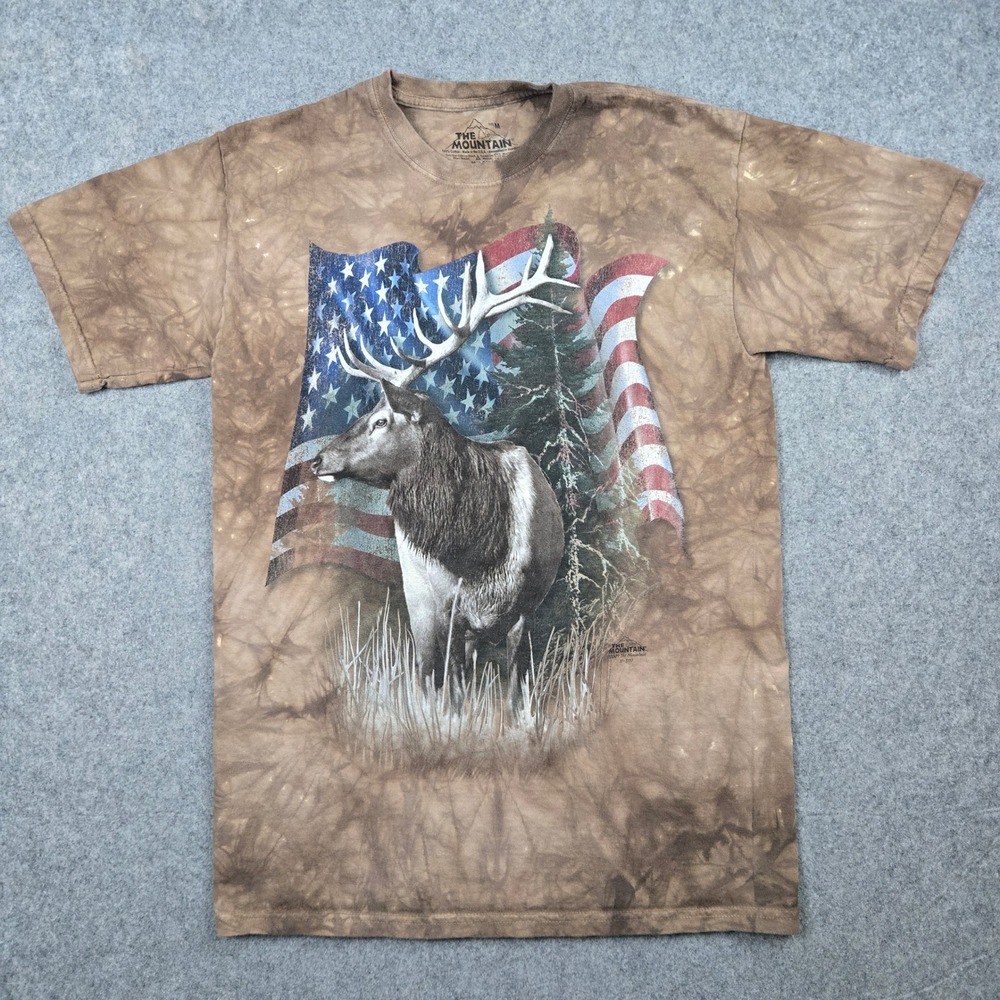 The Mountain Elk T Shirt Mens Medium Brown American Flag Tie Dye Vintage 2009